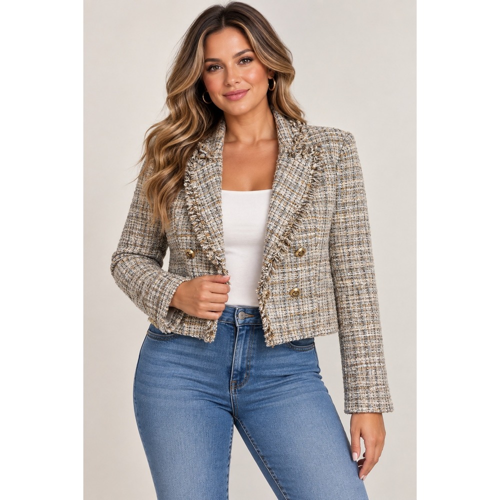 Zara Women's S Cropped Boucle Tweed Blazer Fringe Gold Buttons Double Breasted